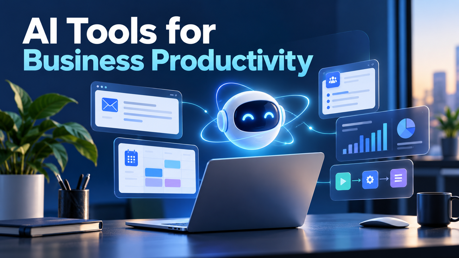 AI tools for business productivity with an AI assistant, email, calendar, and analytics dashboards.